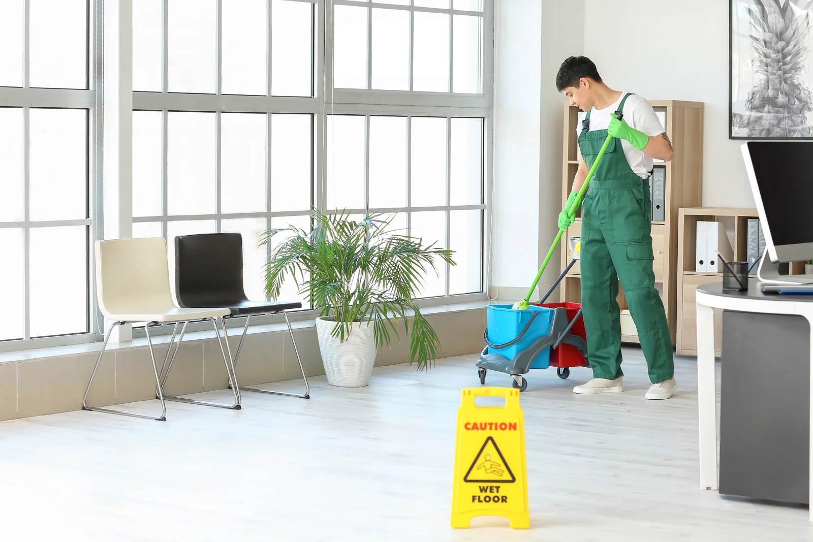 Professional mopping an office floor